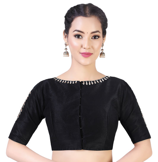 Women's Black Silk Polyester Blouse with Zari Embroidery (Design 2392)