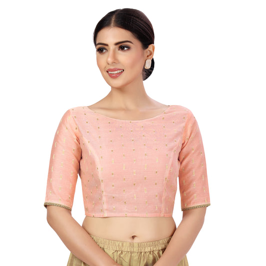 Women's Polyester Elbow Length Sleeves Chanderi Silk Saree Blouse (2439 - Pink)