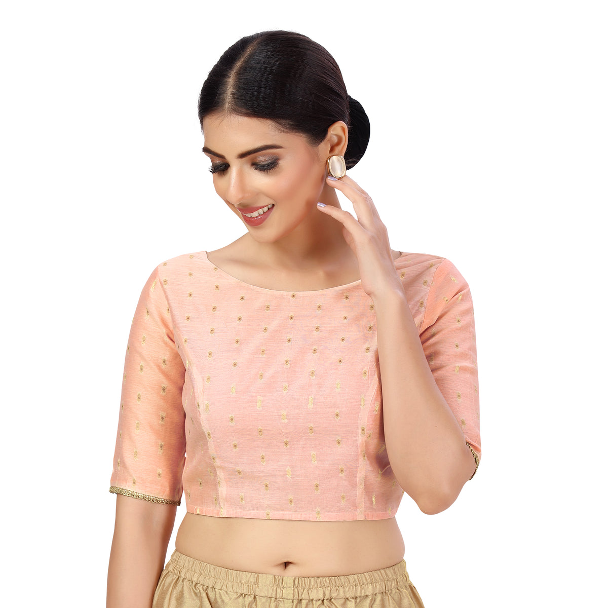 Women's Polyester Elbow Length Sleeves Chanderi Silk Saree Blouse (2439 - Pink)