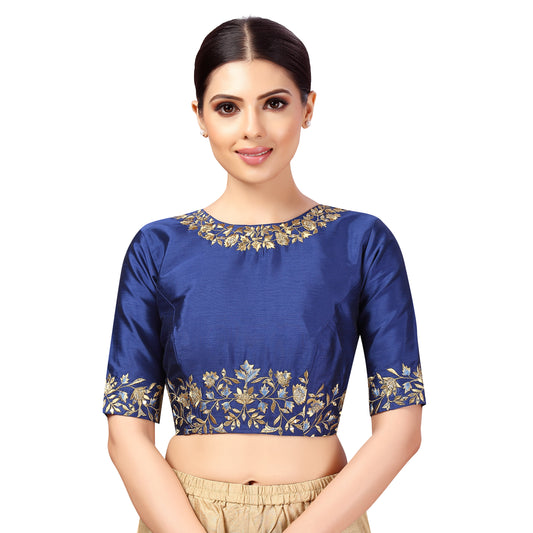 Women's Navy Blue Silk Embroidered Blouse (Design 2444)