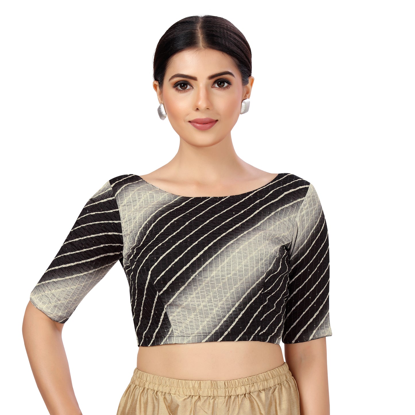 Women's Polyester Elbow Length Sleeves Tie N Dye with Sequin Saree Blouse (2450 - Black)