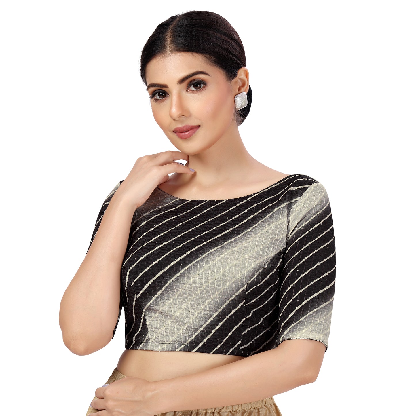 Women's Polyester Elbow Length Sleeves Tie N Dye with Sequin Saree Blouse (2450 - Black)