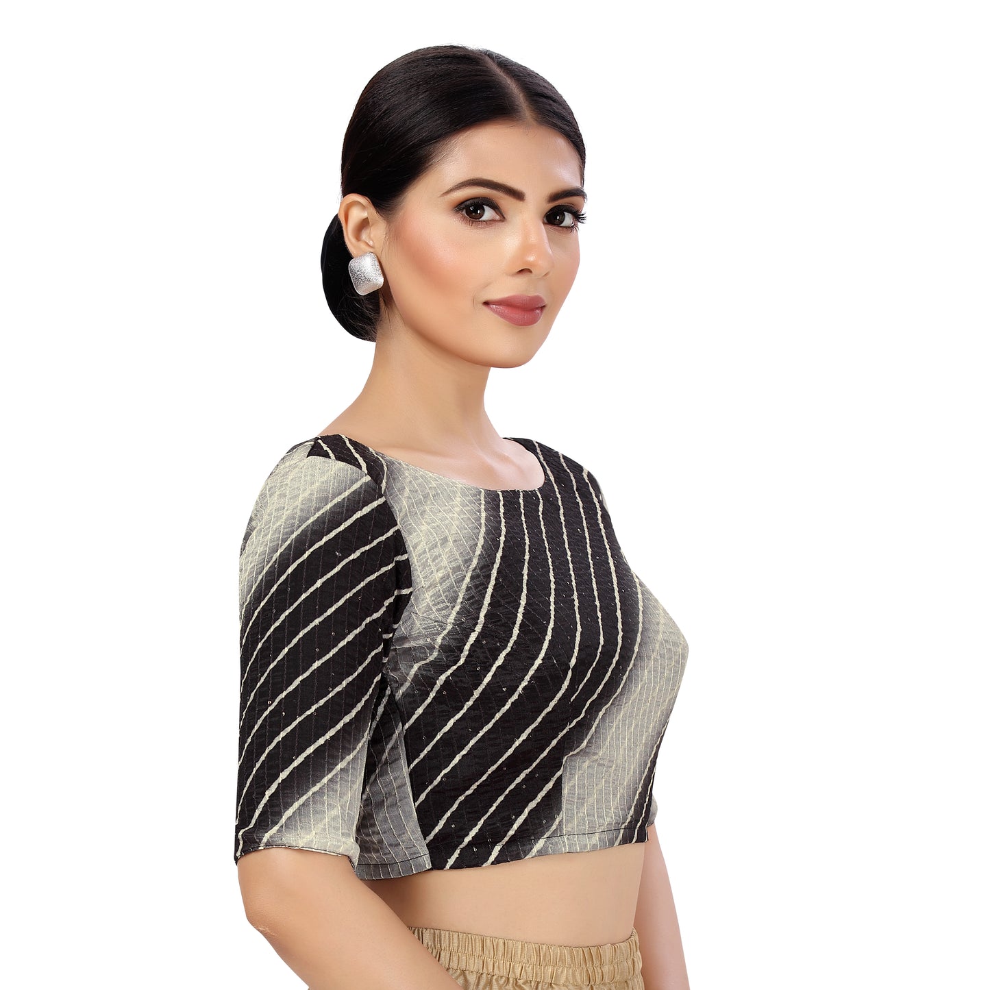 Women's Polyester Elbow Length Sleeves Tie N Dye with Sequin Saree Blouse (2450 - Black)