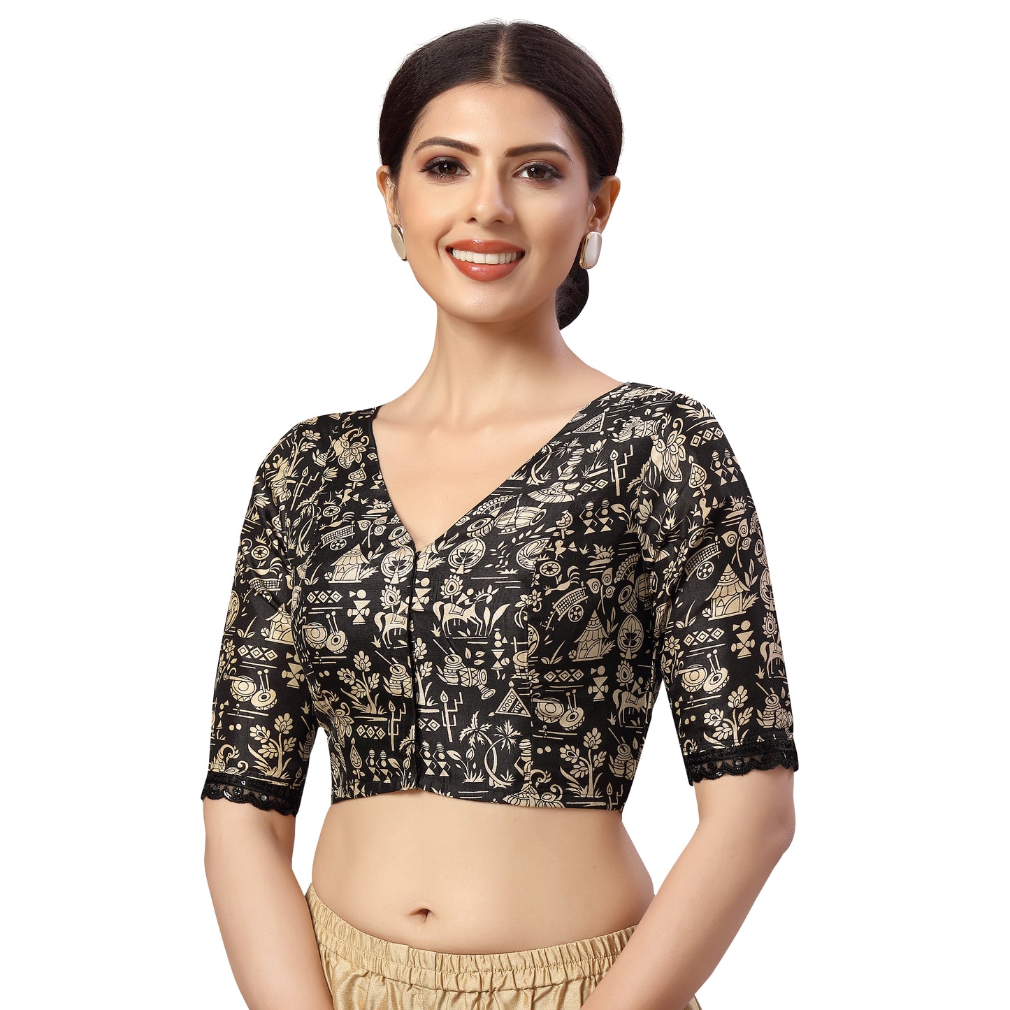 Women's Black Polyester Blouse with Warli Art (Design 2466)