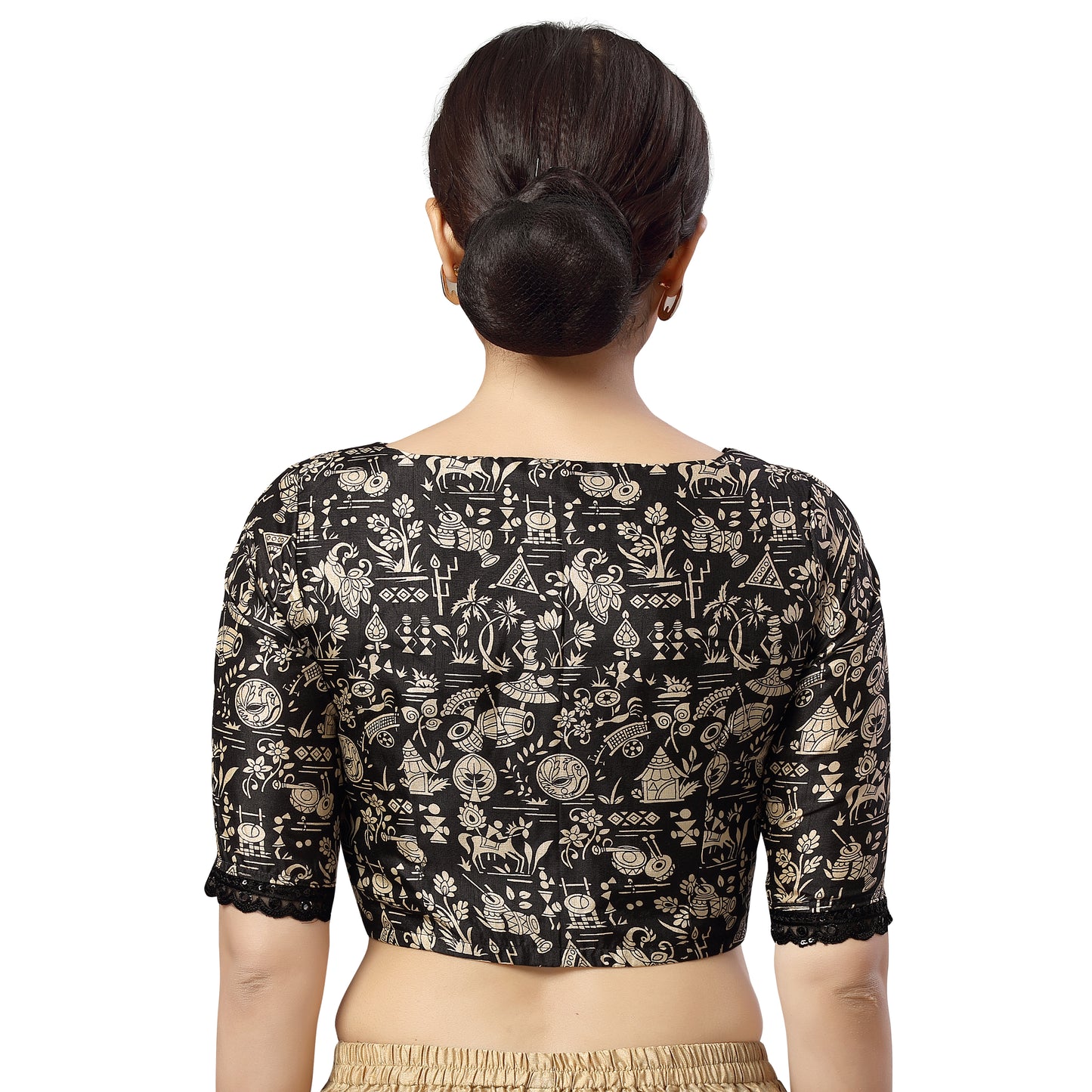 Women's Black Polyester Blouse with Warli Art (Design 2466)