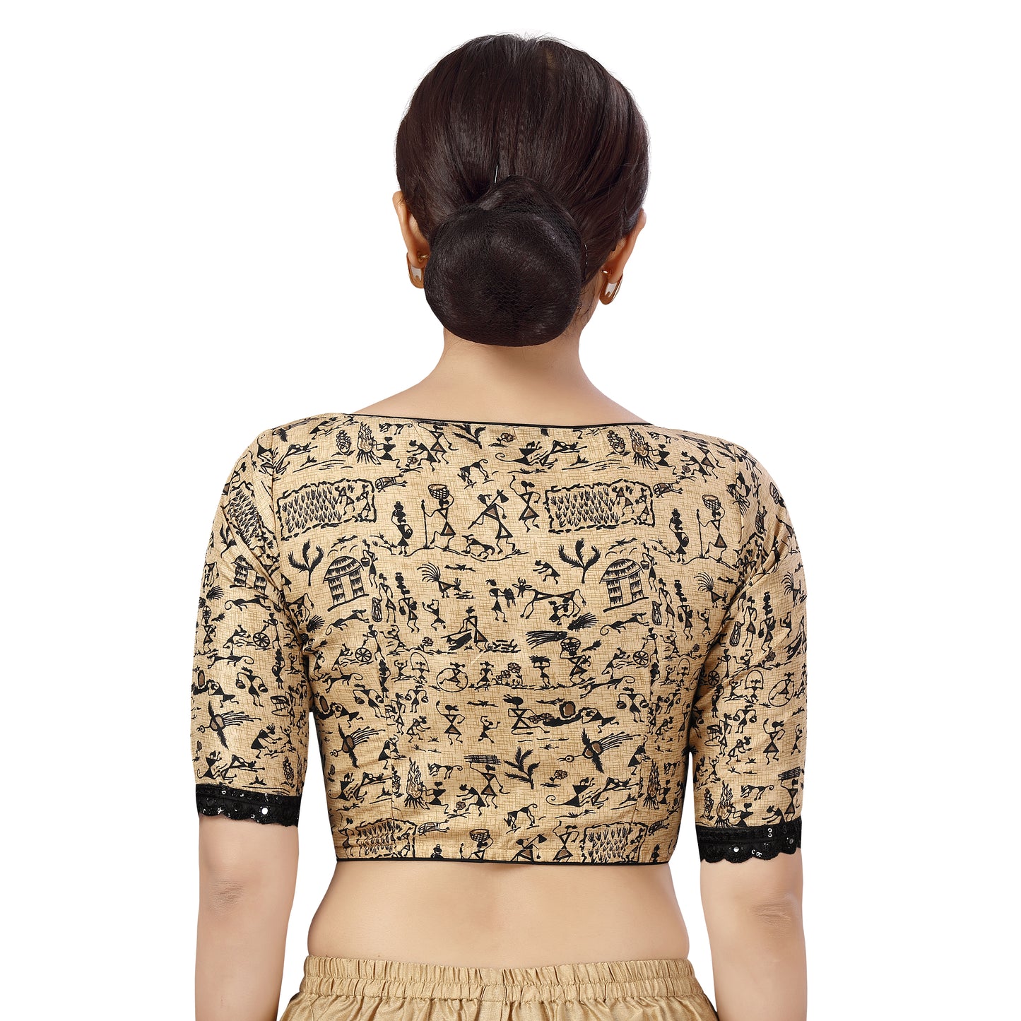 Women's Gold Polyester Blouse with Warli Art (Design 2466)