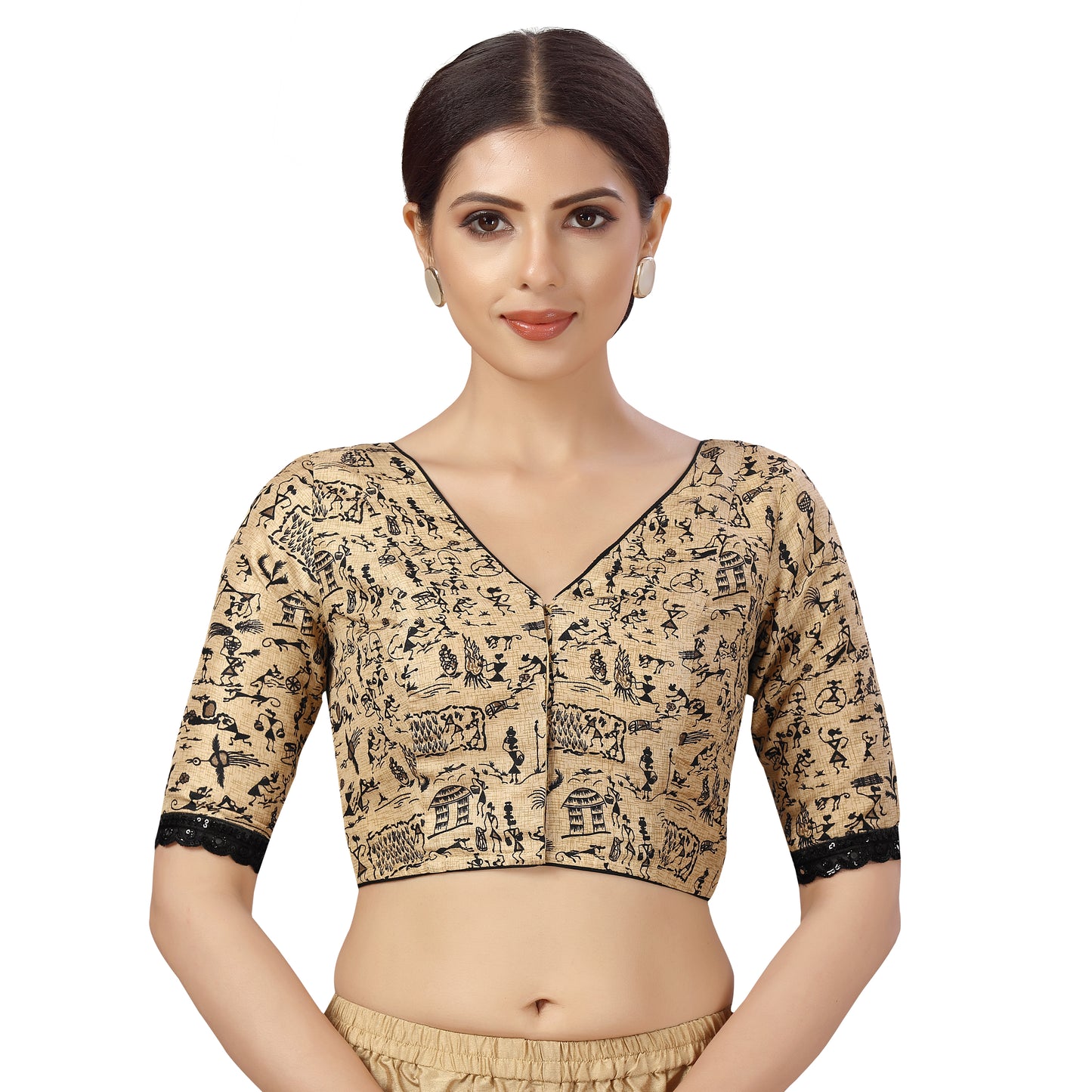 Women's Gold Polyester Blouse with Warli Art (Design 2466)