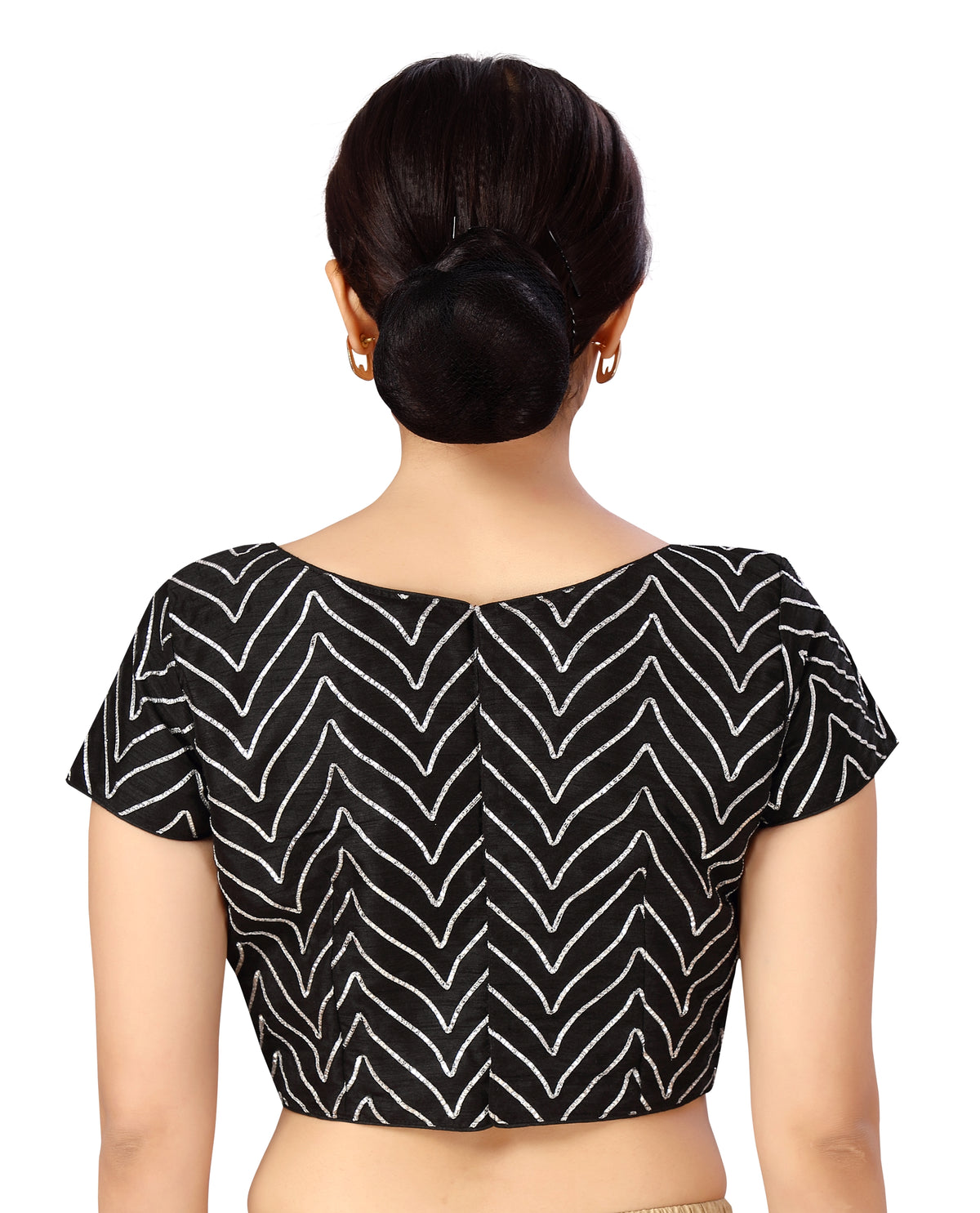Women's Polyester Short Sleeves Silver Gota Embroidery Saree Blouse (2468 - Black)