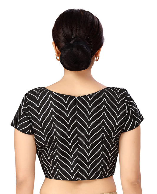 Women's Polyester Short Sleeves Silver Gota Embroidery Saree Blouse (2468 - Black)