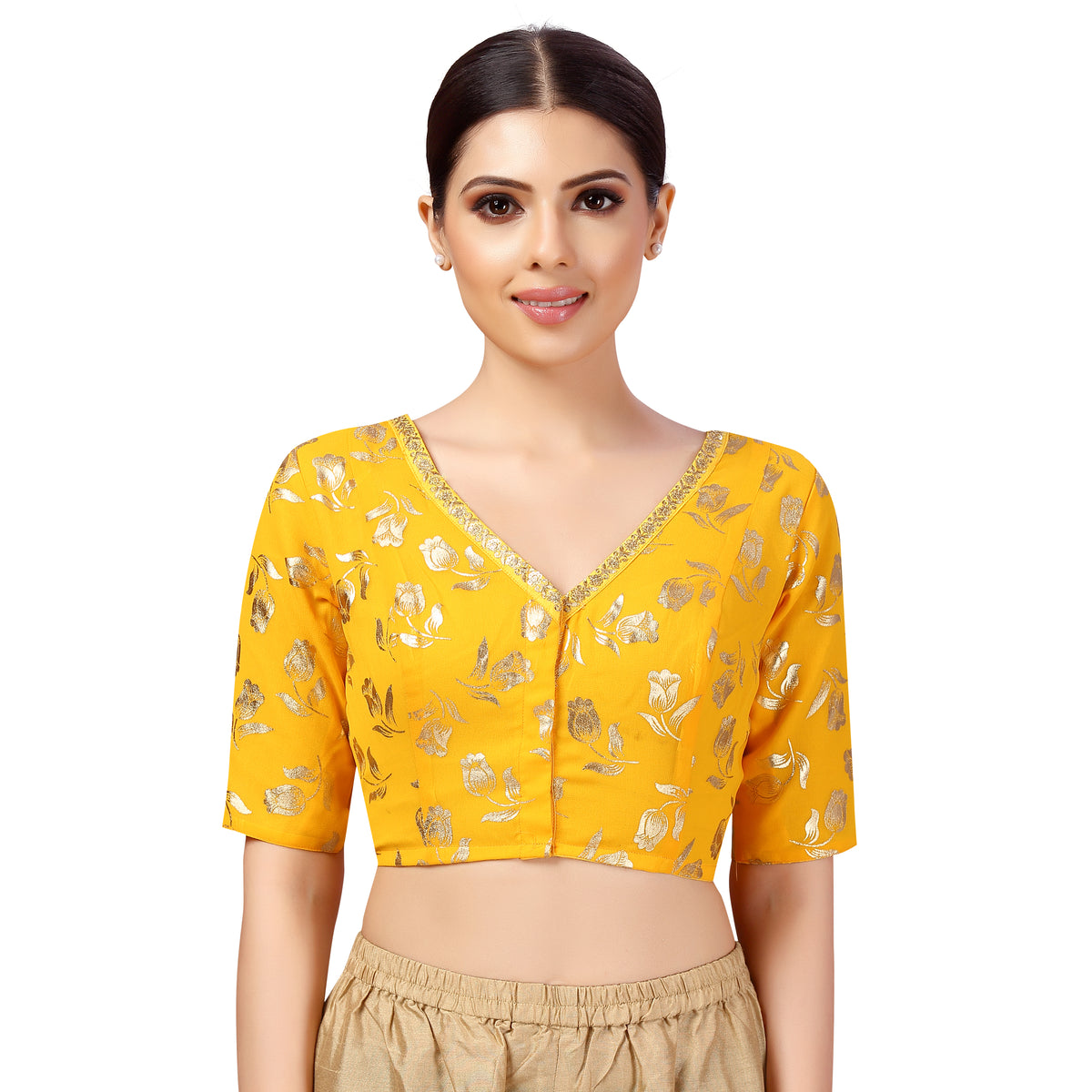 Women's Polyester And Georgette Elbow Length Sleeves Saree Blouse (2469 - Yellow)