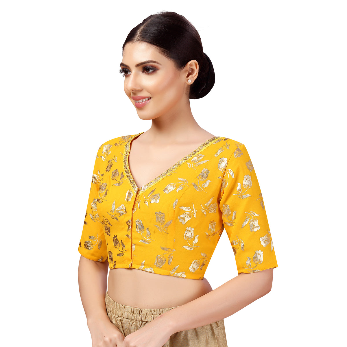 Women's Polyester And Georgette Elbow Length Sleeves Saree Blouse (2469 - Yellow)