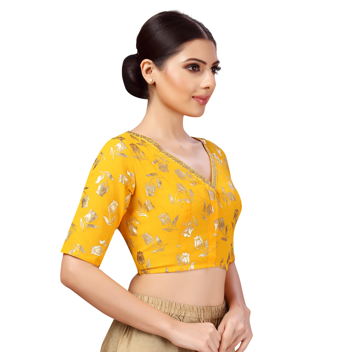 Women's Polyester And Georgette Elbow Length Sleeves Saree Blouse (2469 - Yellow)