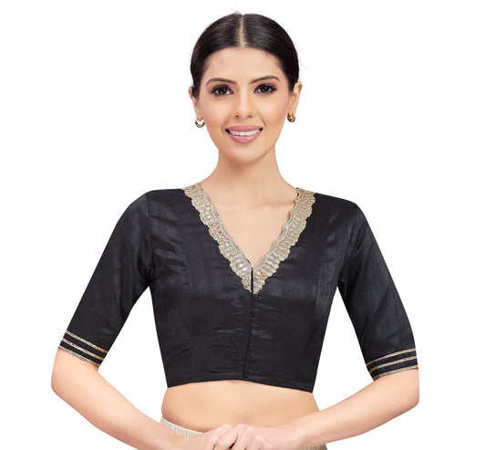 Women's Black Readymade Silky Elbow Length Sleeves Saree Blouse (Design 2470)
