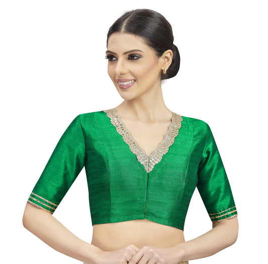 Women's Green Readymade Silky Elbow Length Sleeves Saree Blouse (Design 2470)