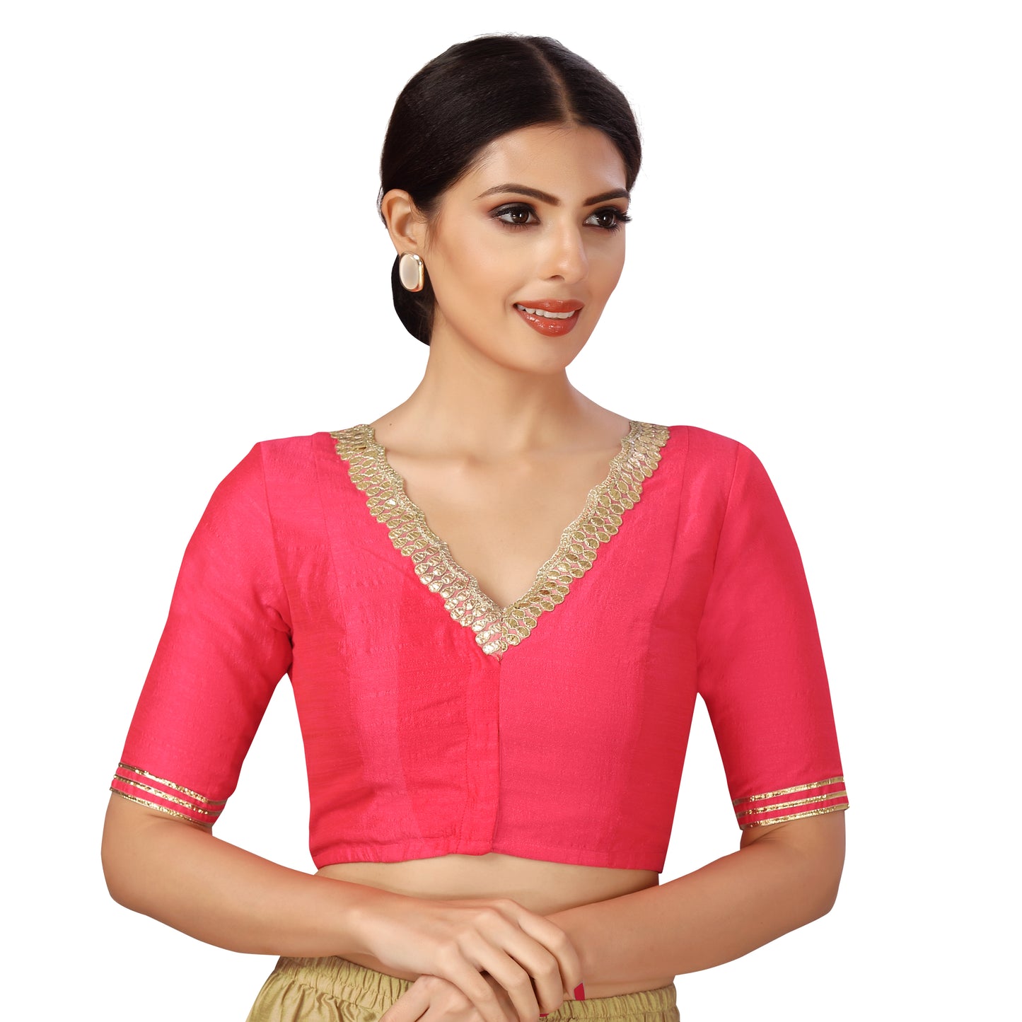 Women's Silky Saree Blouse with Embroidered Neckline (2470 - Pink)