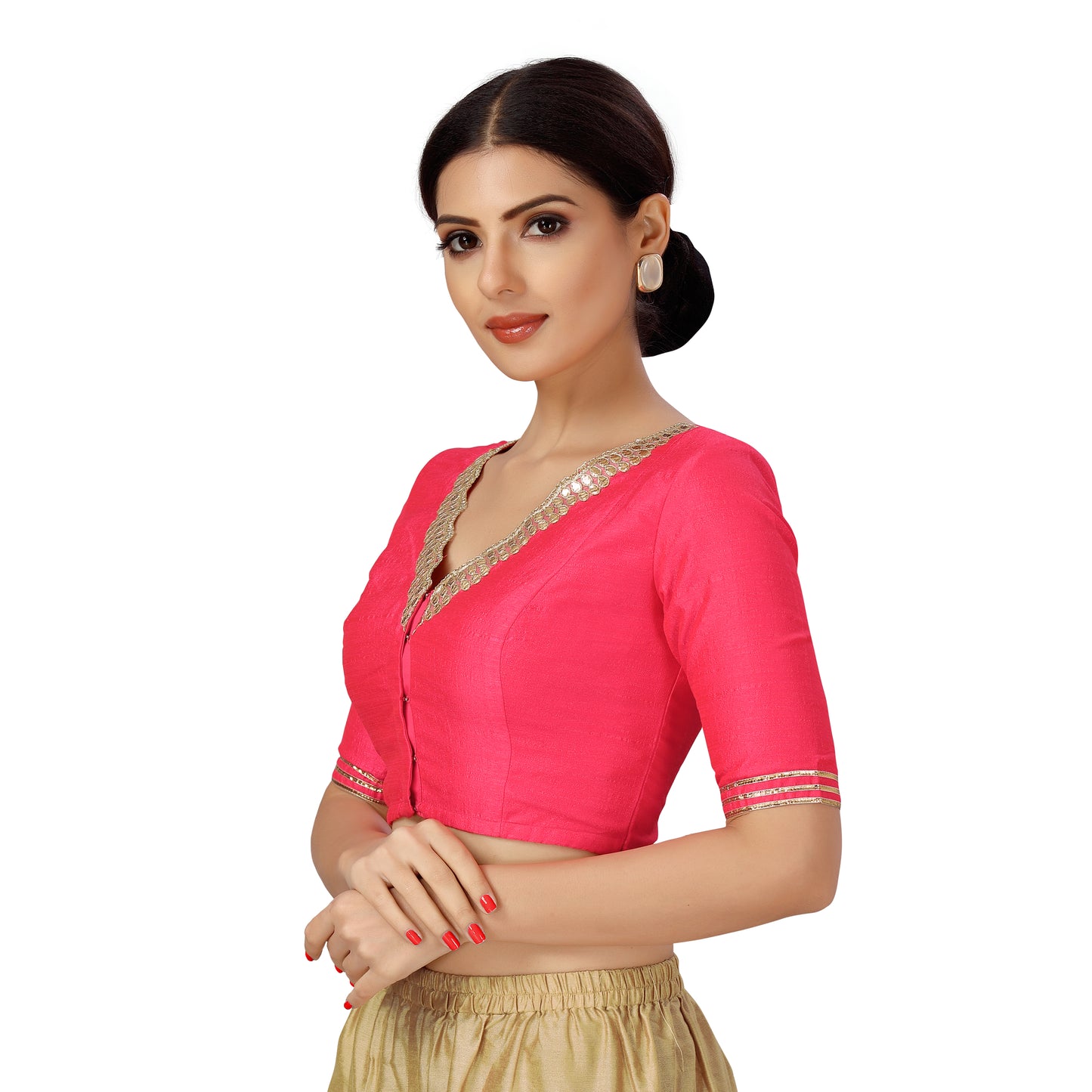 Women's Silky Saree Blouse with Embroidered Neckline (2470 - Pink)