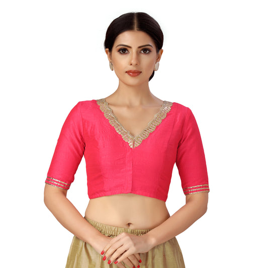 Women's Silky Saree Blouse with Embroidered Neckline (2470 - Pink)