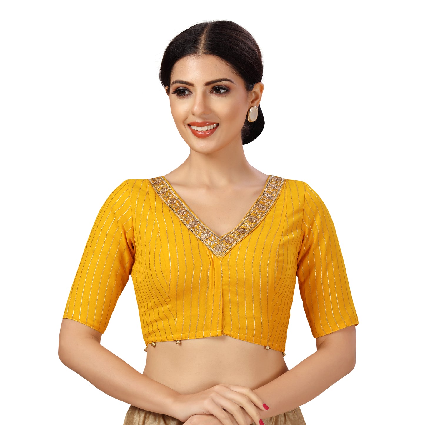 Women's Polyester Elbow Length Sleeves Georgette Embroidered Saree Blouse (2473 - Yellow)