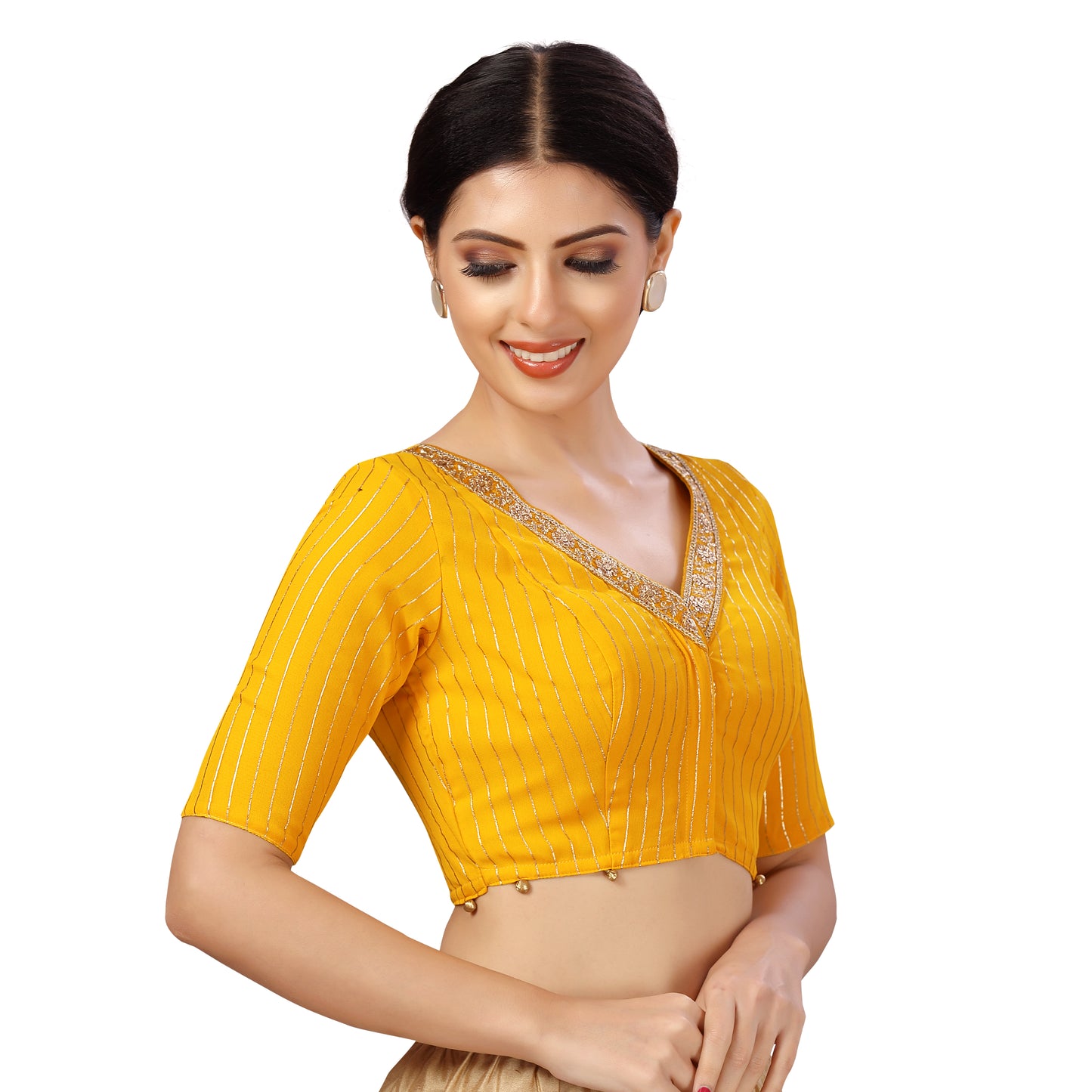 Women's Polyester Elbow Length Sleeves Georgette Embroidered Saree Blouse (2473 - Yellow)