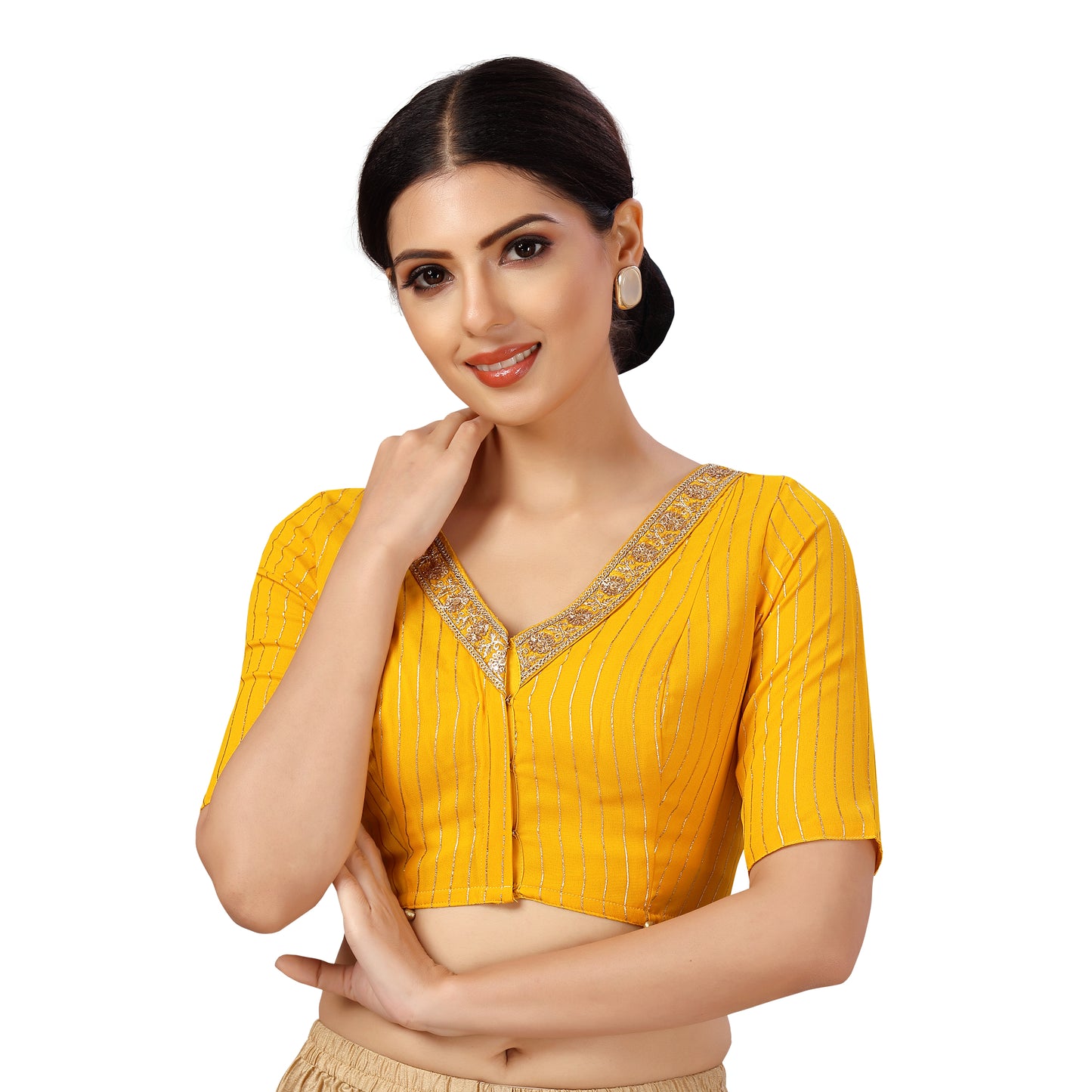 Women's Polyester Elbow Length Sleeves Georgette Embroidered Saree Blouse (2473 - Yellow)