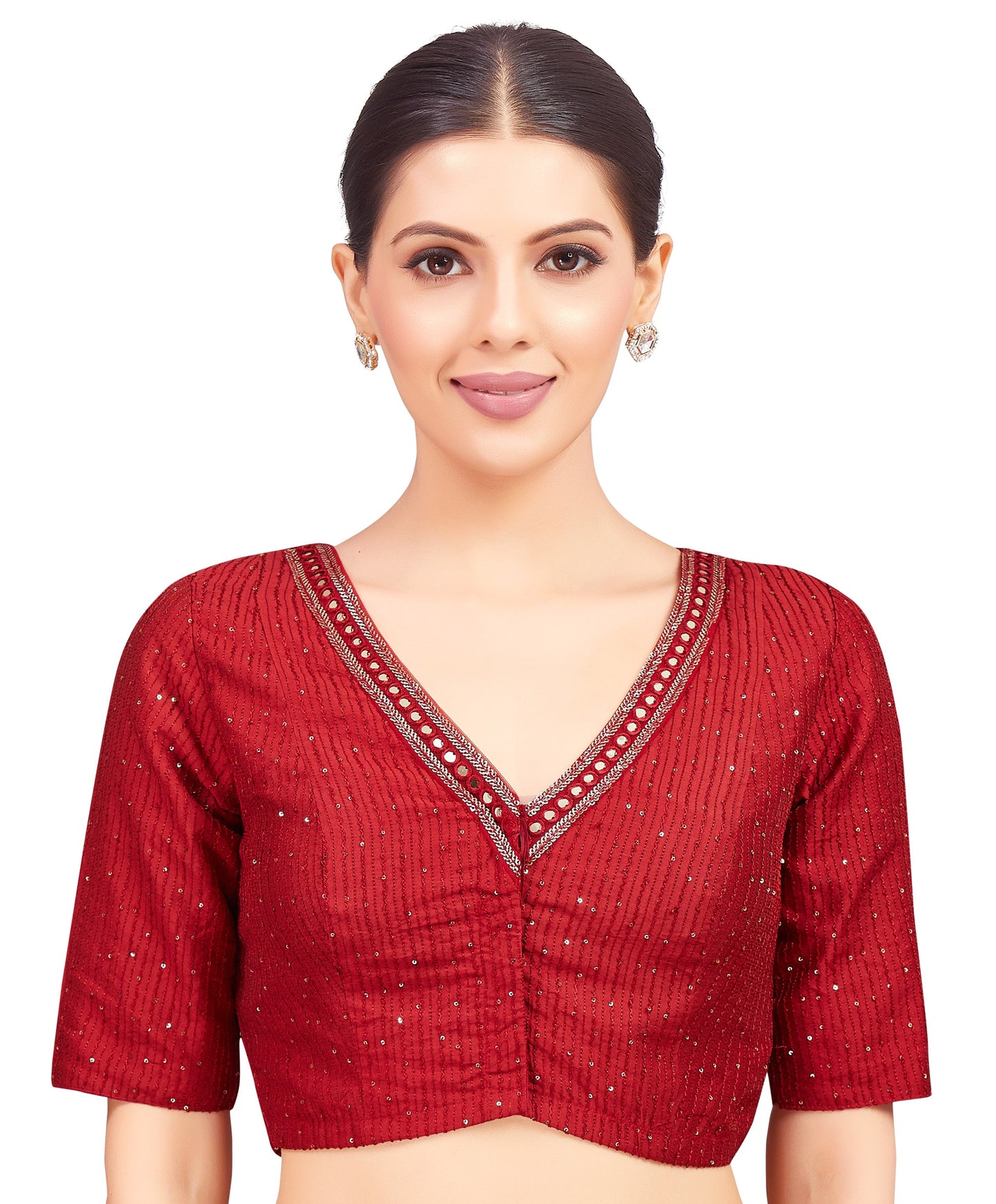 Women's Maroon Readymade Polyester Elbow Length Sleeves Saree Blous (Design 2477)