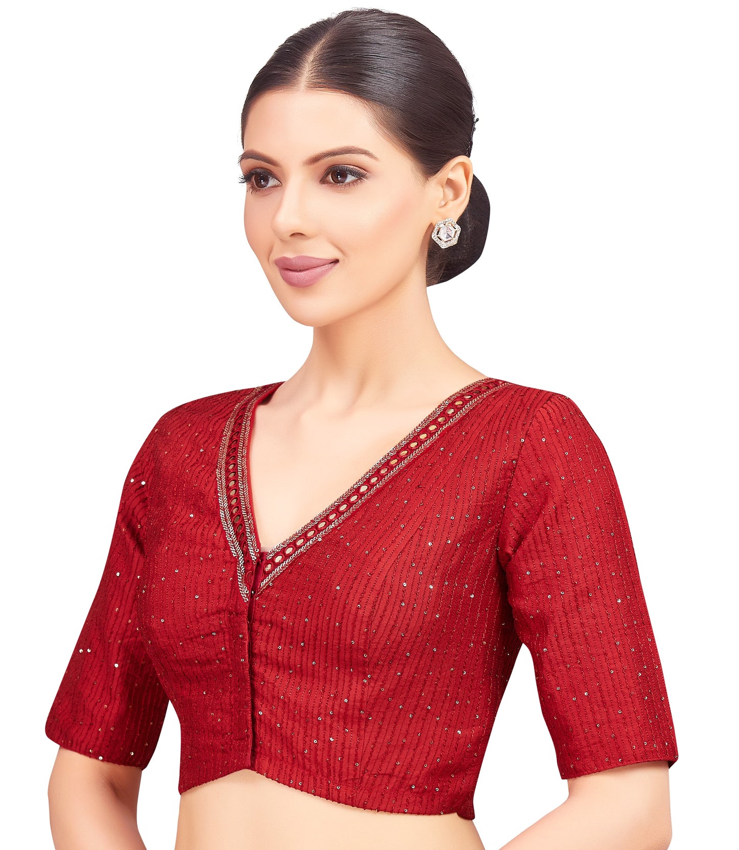 Women's Maroon Readymade Polyester Elbow Length Sleeves Saree Blous (Design 2477)