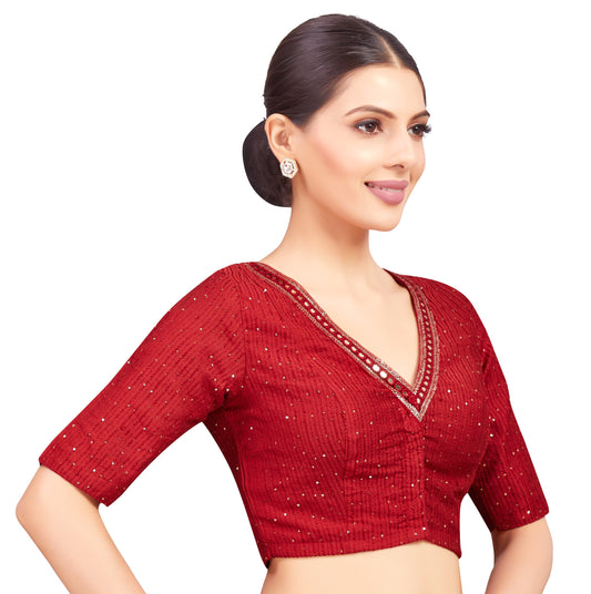 Women's Maroon Readymade Polyester Elbow Length Sleeves Saree Blous (Design 2477)