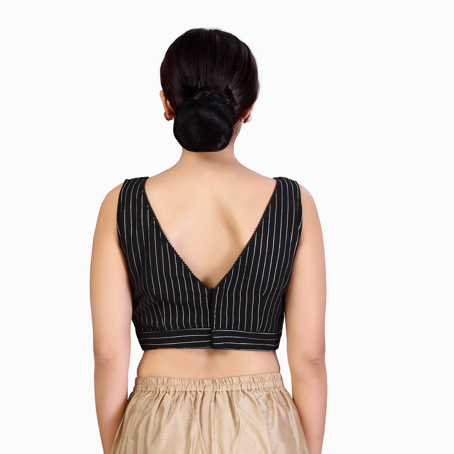 Women's Polyester Sleeveless Georgette Golden Stripes Saree Blouse (2480 - Black)