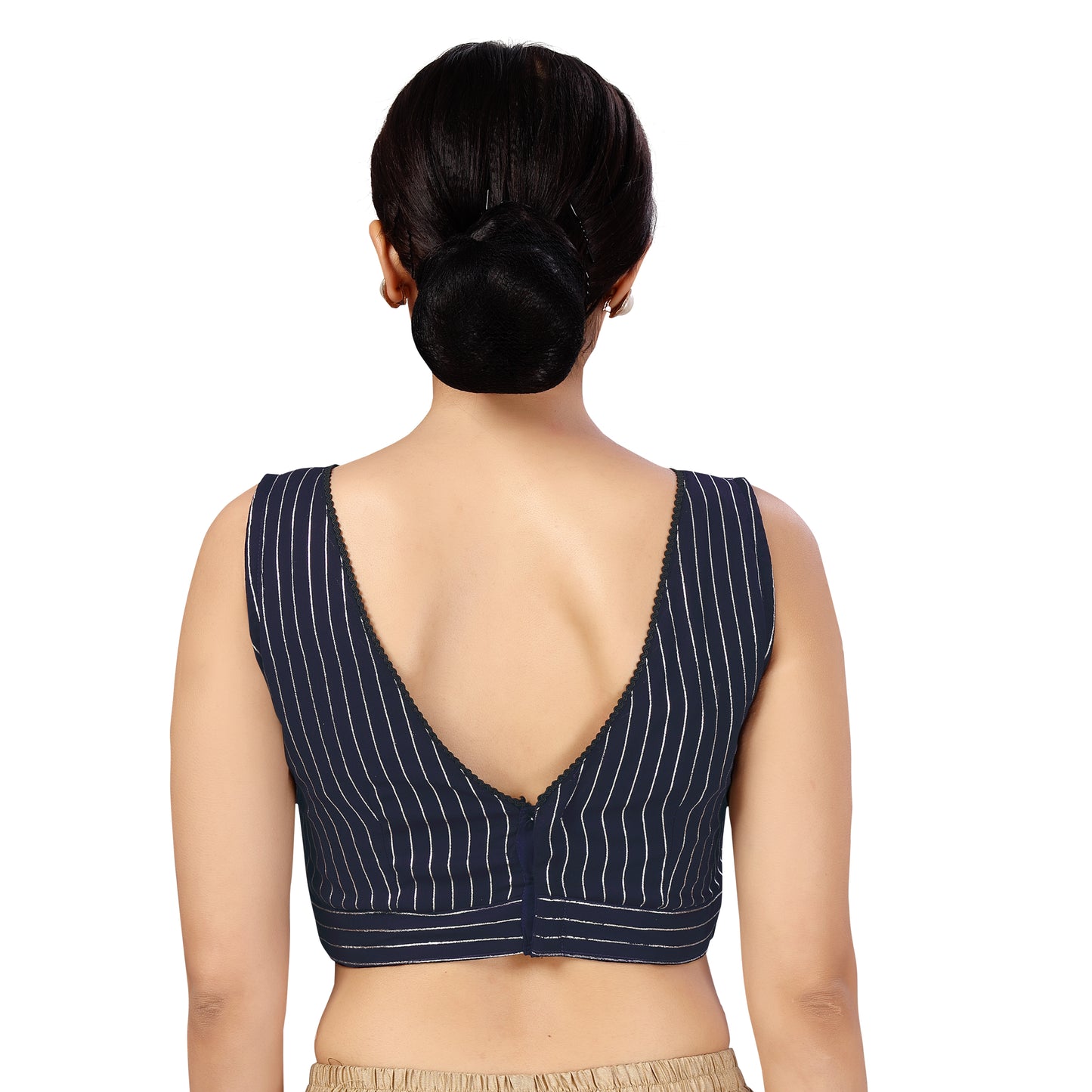 Women's Polyester Sleeveless Georgette Golden Stripes Saree Blouse (2480 - Navy Blue)
