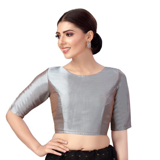 Women's Polyester Elbow Length Sleeves Plain Coloured Saree Blouse (2547 - Grey)