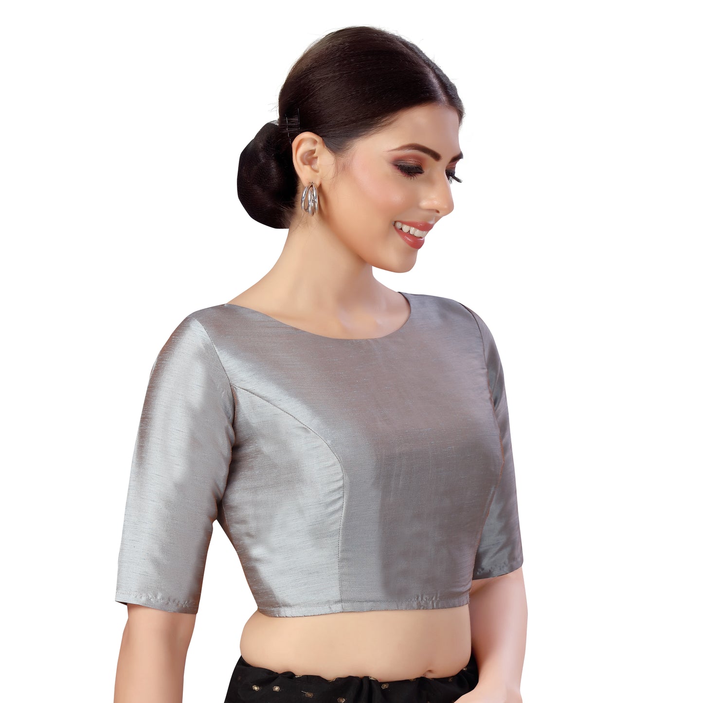 Women's Polyester Elbow Length Sleeves Plain Coloured Saree Blouse (2547 - Grey)