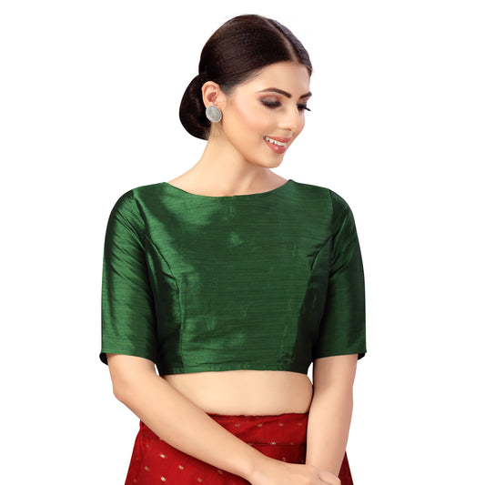 Women's Polyester Elbow Length Sleeves Plain Coloured Saree Blouse (2547 - Green)