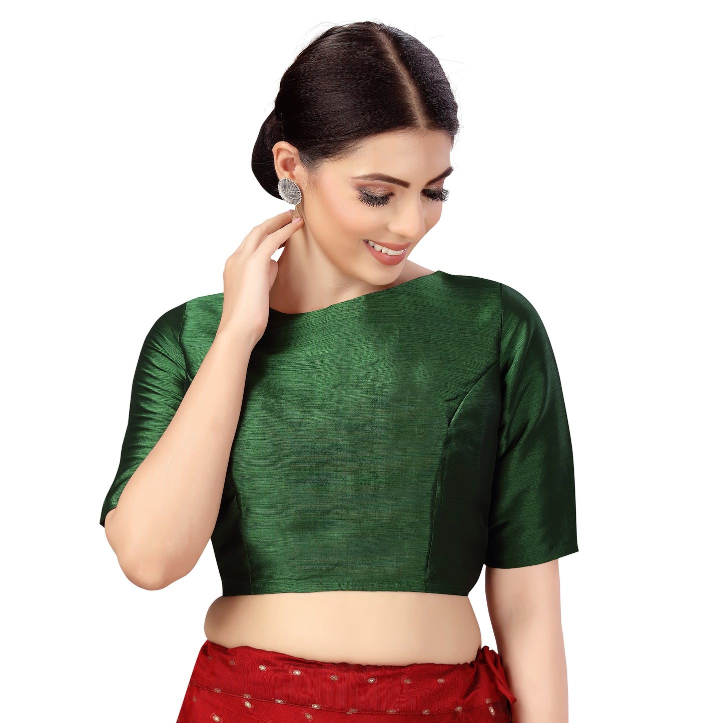 Women's Polyester Elbow Length Sleeves Plain Coloured Saree Blouse (2547 - Green)