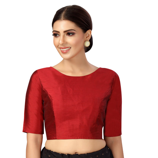 Women's Polyester Elbow Length Sleeves Plain Coloured Saree Blouse (2547 - Maroon)