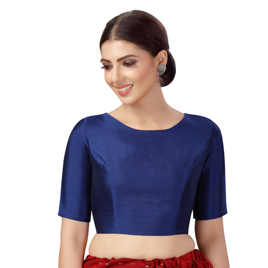 Women's Polyester Elbow Length Sleeves Plain Coloured Saree Blouse (2547 - Navy Blue)