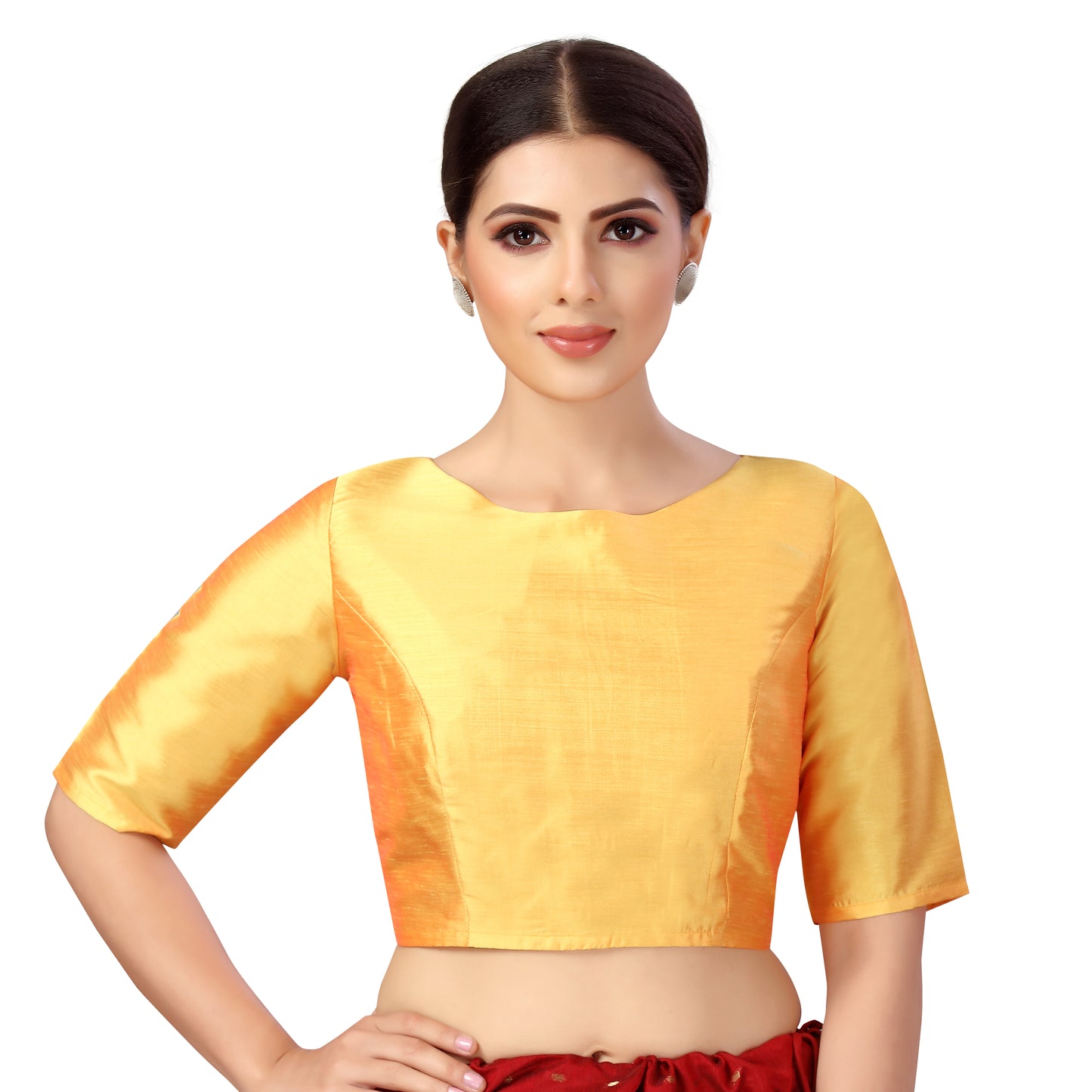 Women's Polyester Elbow Length Sleeves Plain Coloured Saree Blouse (2547 - Orange)