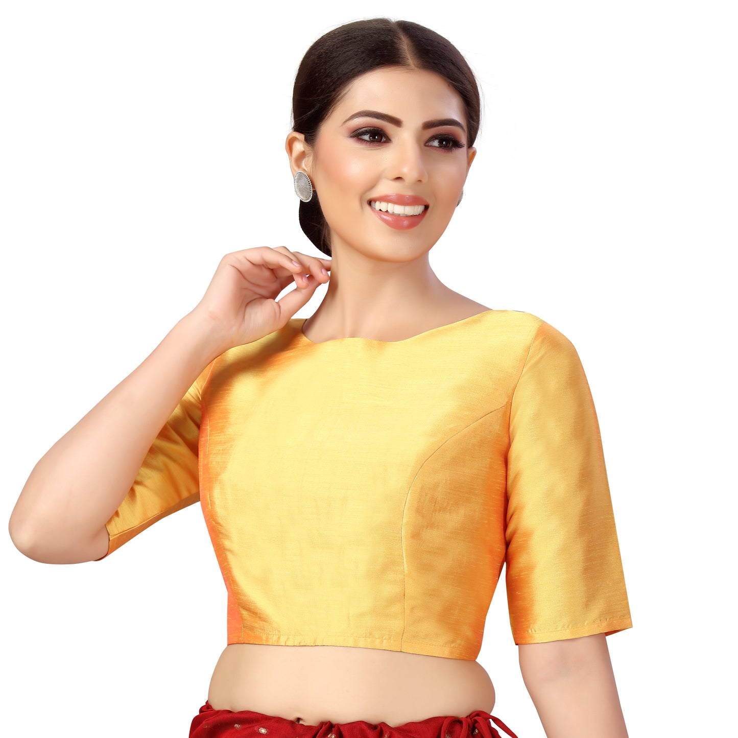 Women's Polyester Elbow Length Sleeves Plain Coloured Saree Blouse (2547 - Orange)