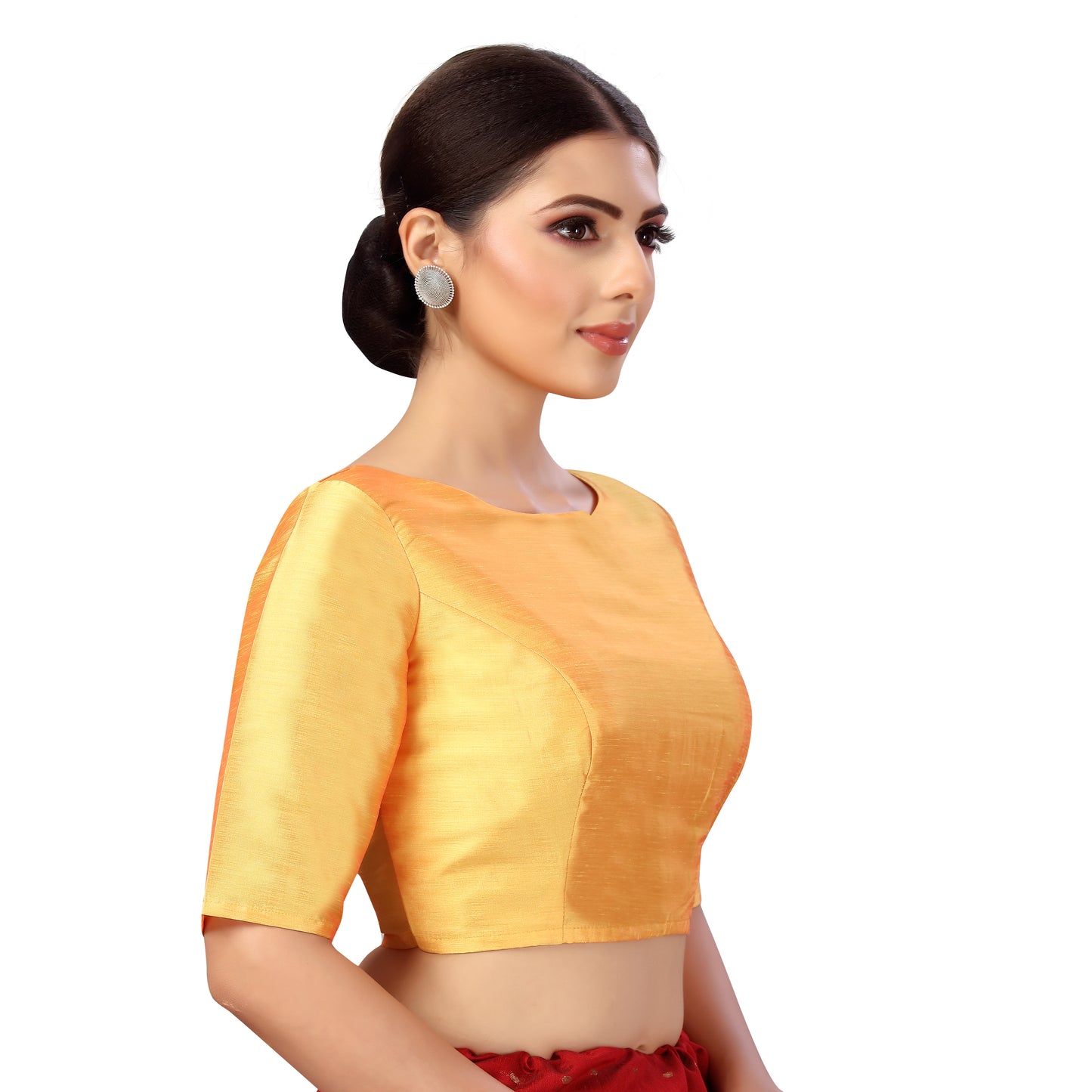 Women's Polyester Elbow Length Sleeves Plain Coloured Saree Blouse (2547 - Orange)