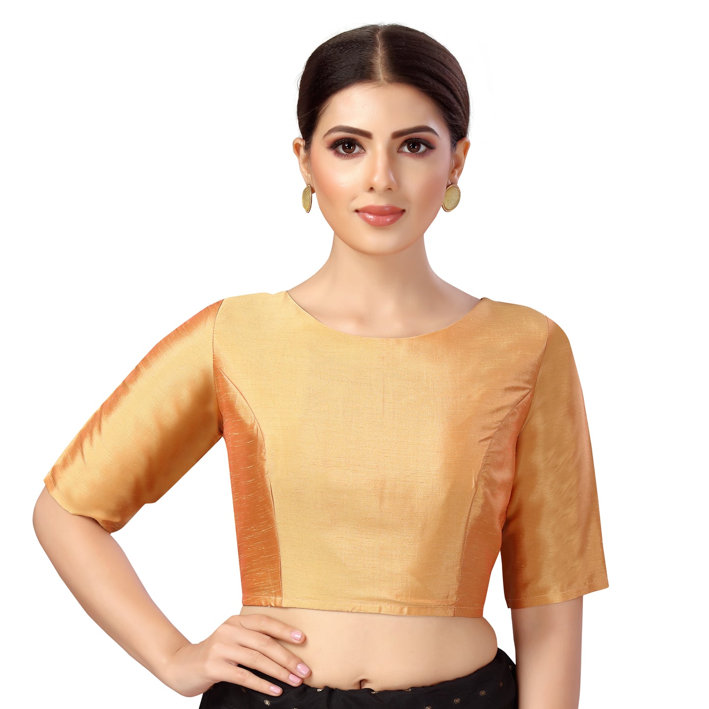 Women's Polyester Elbow Length Sleeves Plain Coloured Saree Blouse (2547 - Peach)