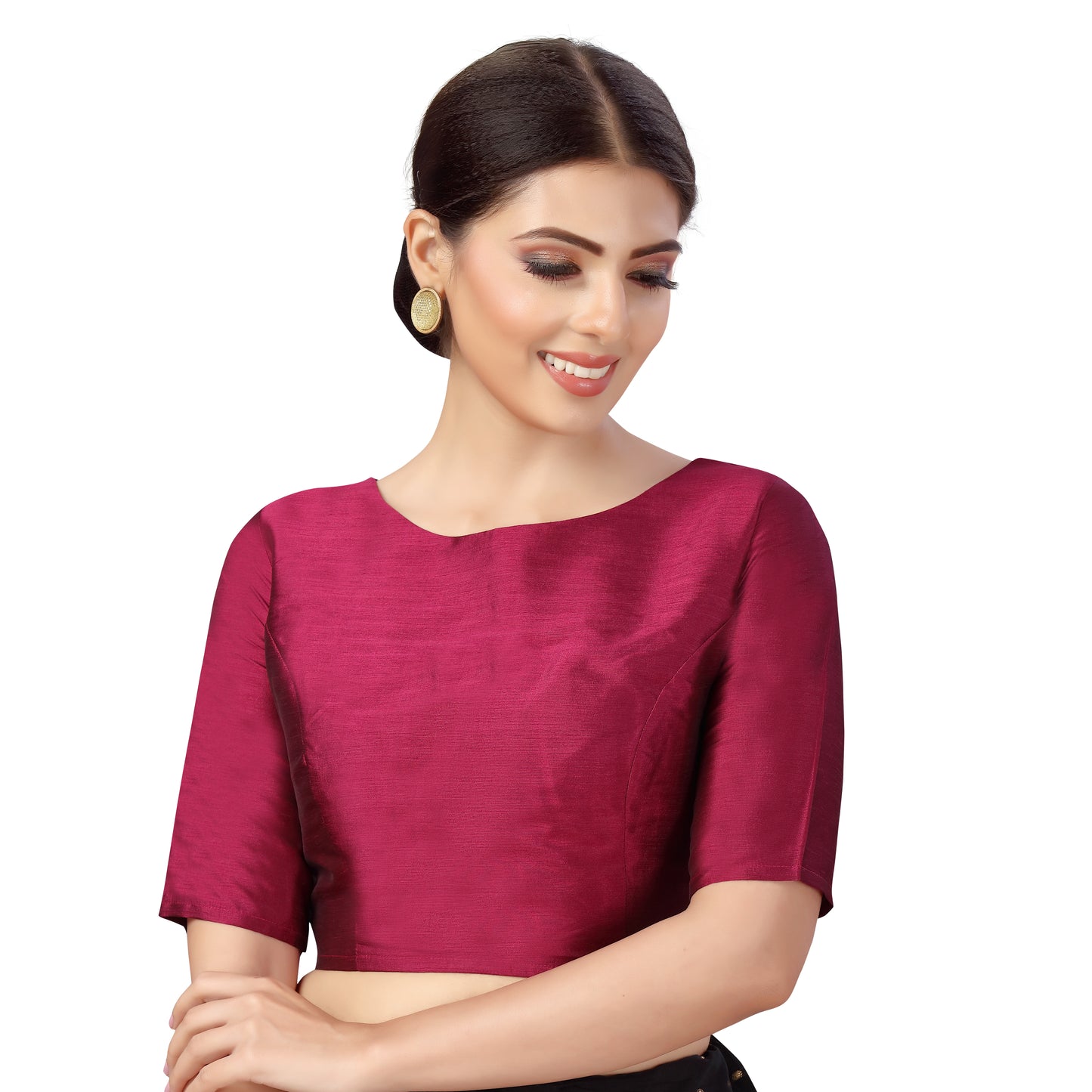 Women's Polyester Elbow Length Sleeves Plain Coloured Saree Blouse (2547 - Wine)