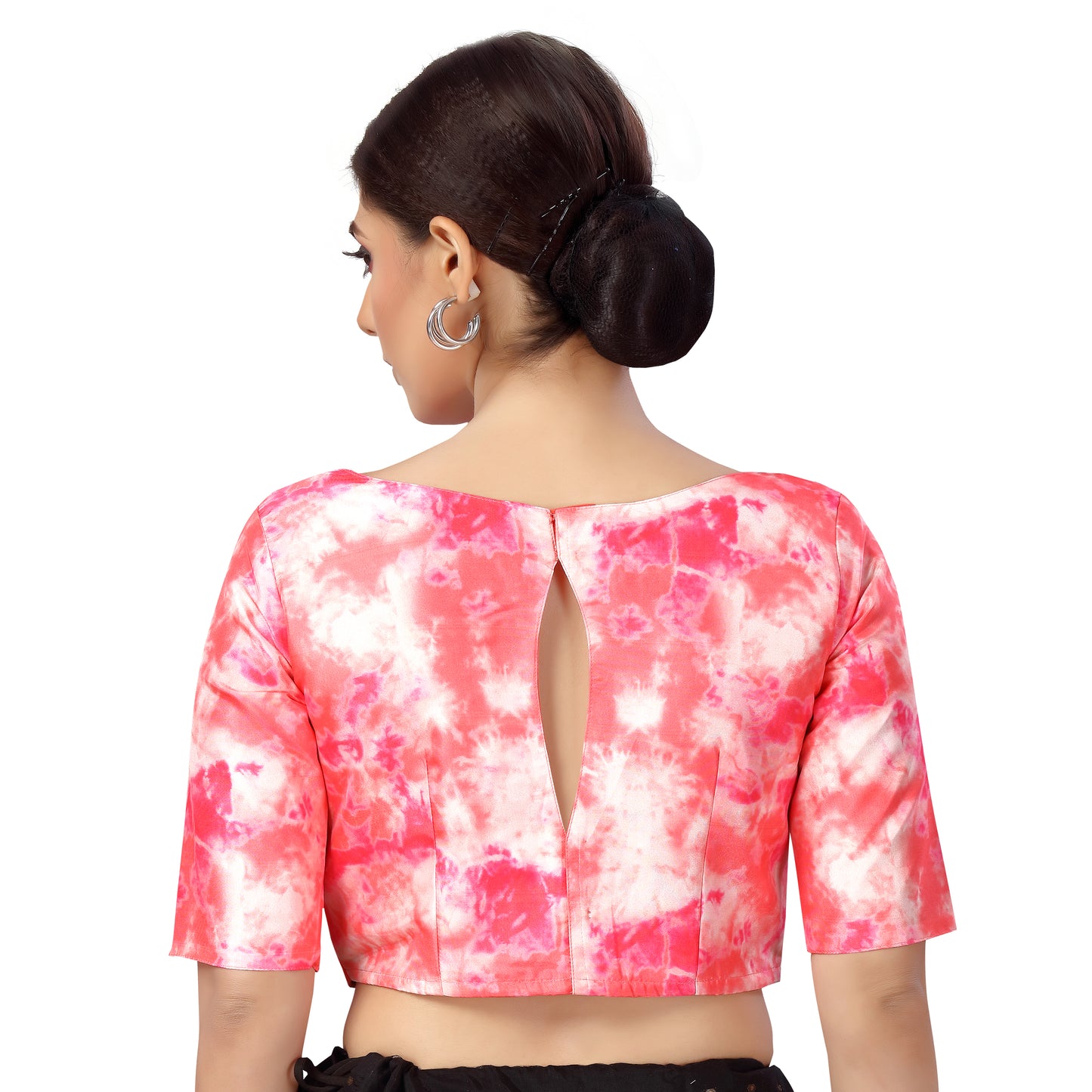 Women's Polyester Elbow Length Sleeves Tie N Dye Print Saree Blouse (2552 - Pink)