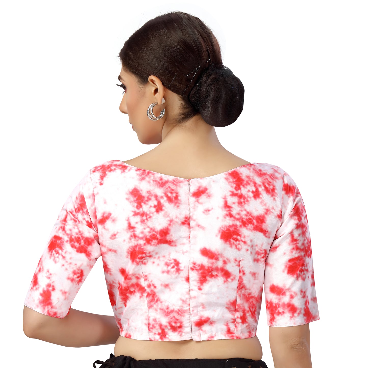 Women's Polyester Elbow Length Sleeves Tie N Dye Print Saree Blouse (2554 - White)