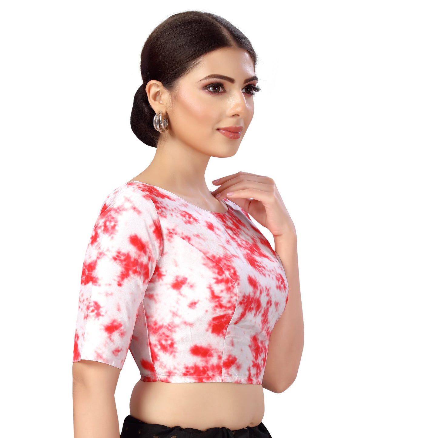 Women's Polyester Elbow Length Sleeves Tie N Dye Print Saree Blouse (2554 - White)