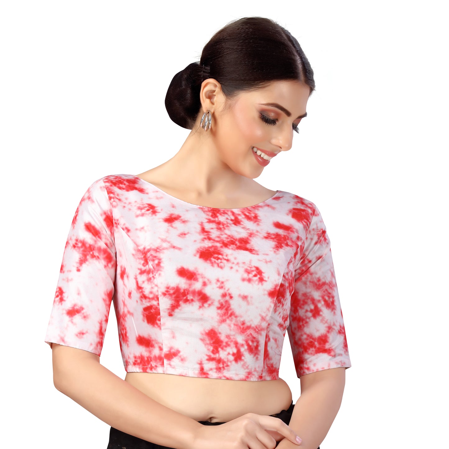 Women's Polyester Elbow Length Sleeves Tie N Dye Print Saree Blouse (2554 - White)