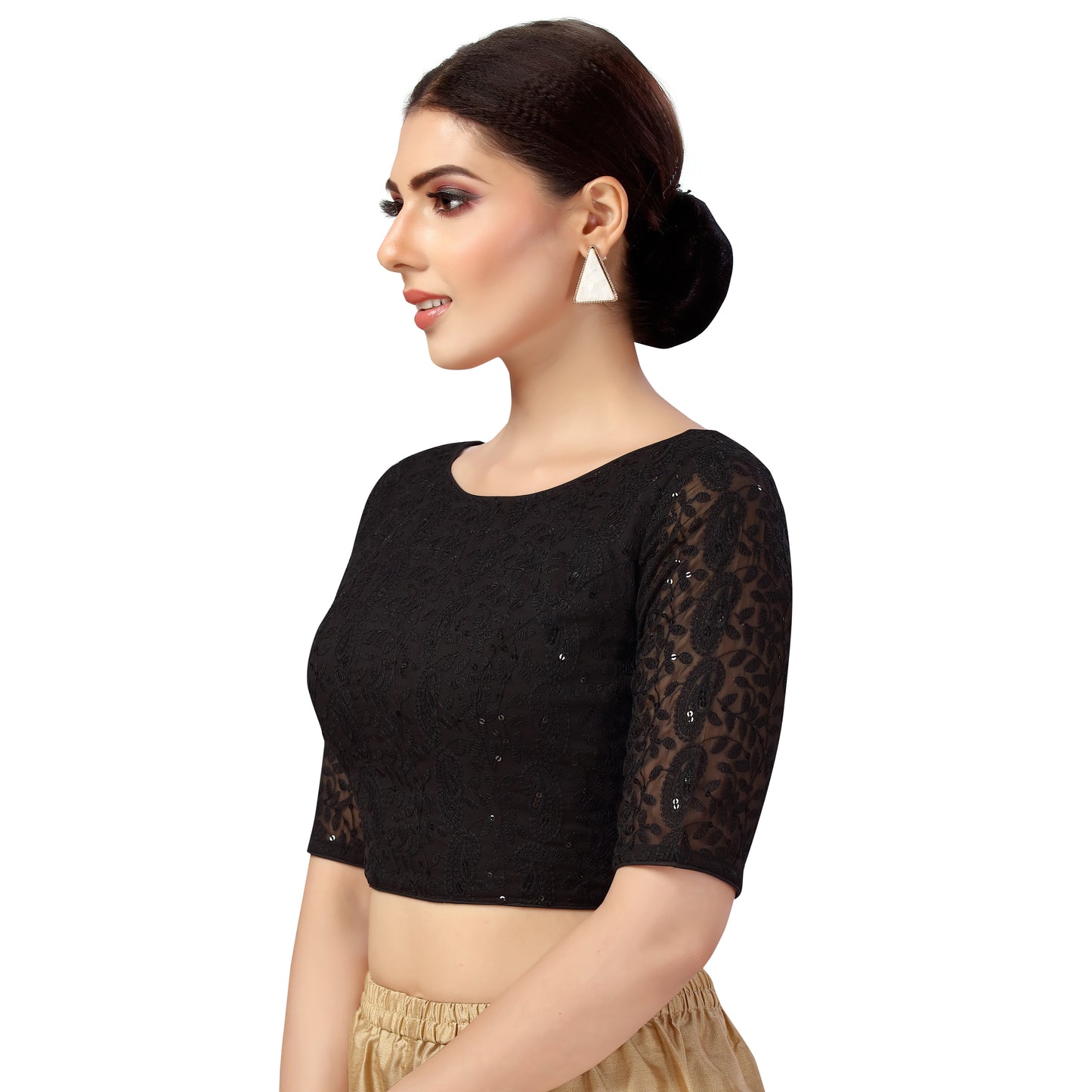 Women's Georgette Elbow Length Sleeves Chikankari Saree Blouse (2559 - Black)