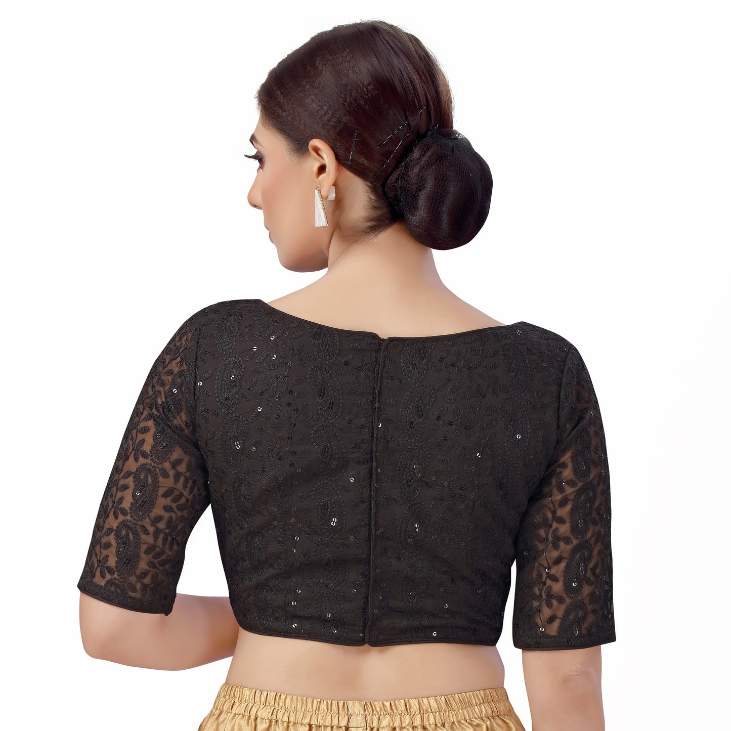 Women's Georgette Elbow Length Sleeves Chikankari Saree Blouse (2559 - Black)