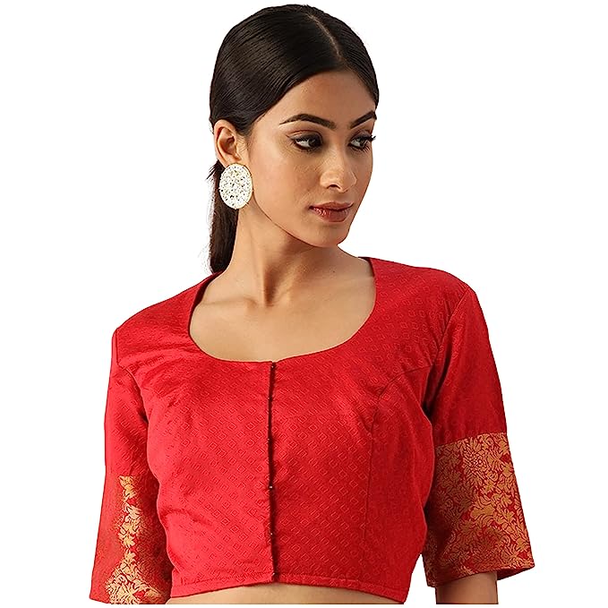 Women's Brocade Elbow Length Sleeves Golden Kanjivaram Border Saree Blouse (2574 - Red)