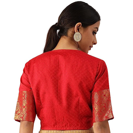 Women's Brocade Elbow Length Sleeves Golden Kanjivaram Border Saree Blouse (2574 - Red)
