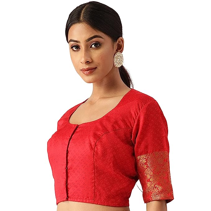 Women's Brocade Elbow Length Sleeves Golden Kanjivaram Border Saree Blouse (2574 - Red)