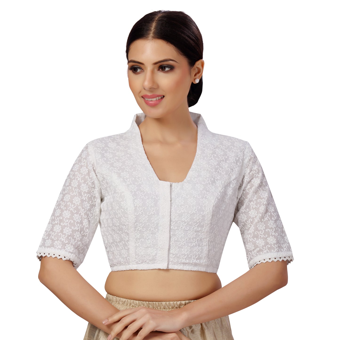 Women's Cotton Elbow Length Sleeves Chikankari Saree Blouse with Glass Neck (2582 - White)